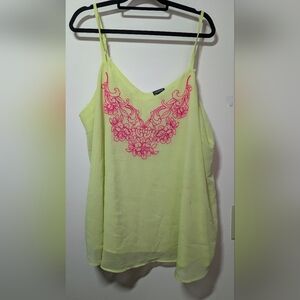 Torrid Neon Green Yellow With Pink Embroidery Camisole